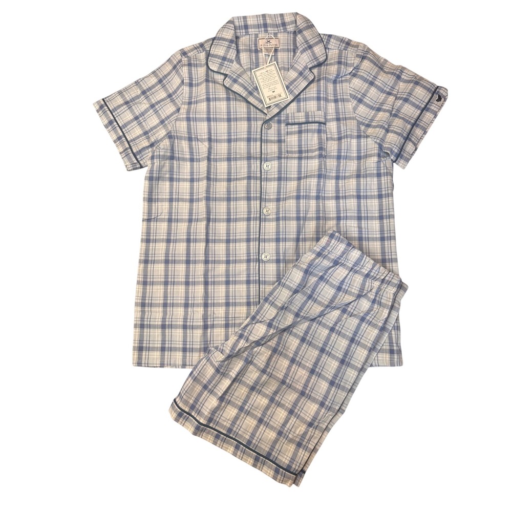 Petite Plume Boys Seafarer Tartan Plaid Pajama Short Set Blue White Size 14 NEW